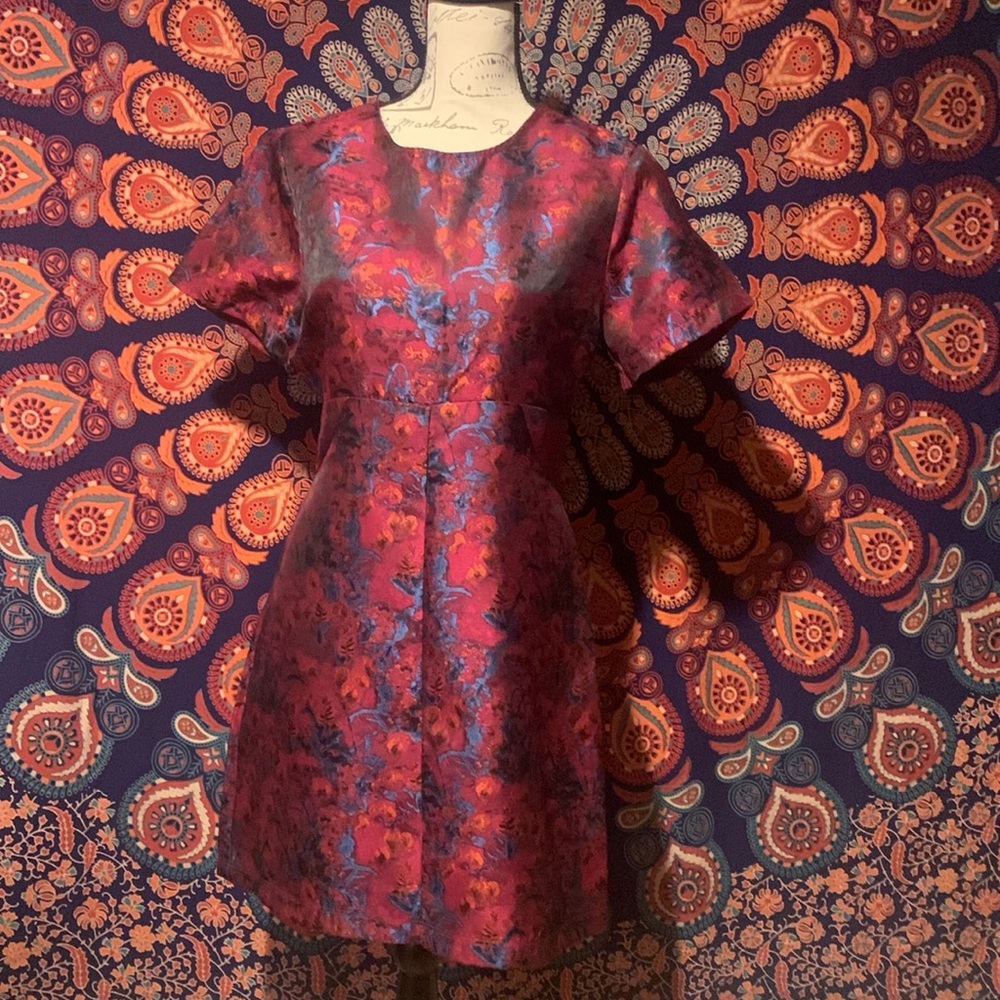 Aqua Red and Blue Brocade Short Sleeve Dress